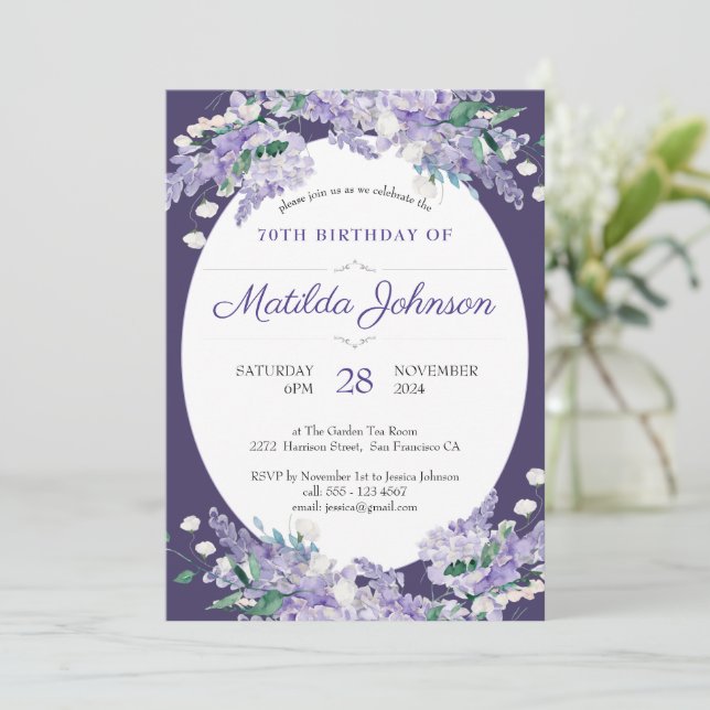 Convite 70 Birthday Floral Dark Purple Wisteria Elegante (Em pé/Frente)