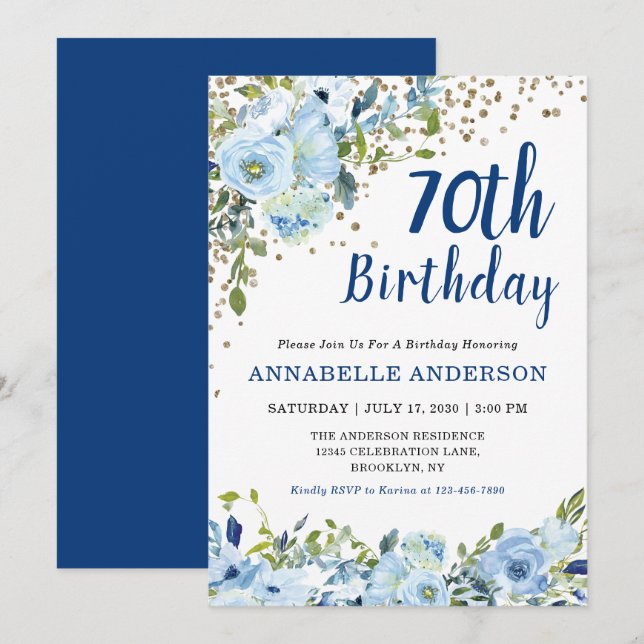 Convite 70 Birthday Floral Marinho Azul Dourado Pontos Bri (Frente/Verso)