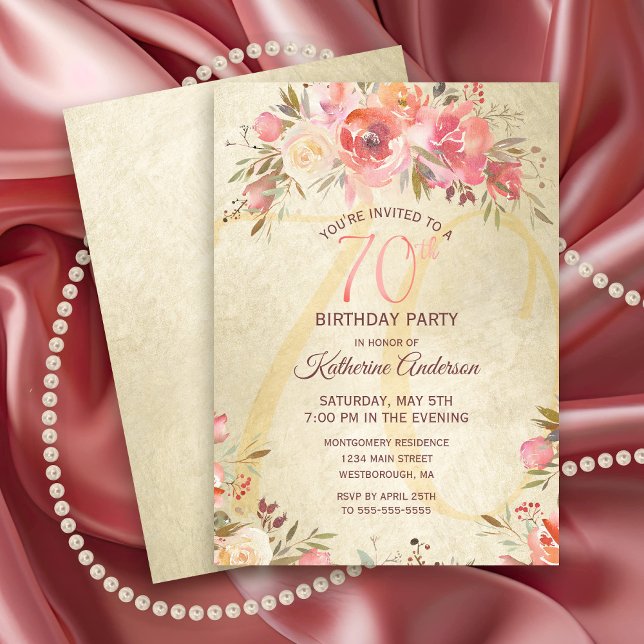Convite 70 Birthday Floral Pink Roses Douradas Shimmer Par (Chic Pink Rose Floral Gold Shimmer 70th Birthday Party Invitation)