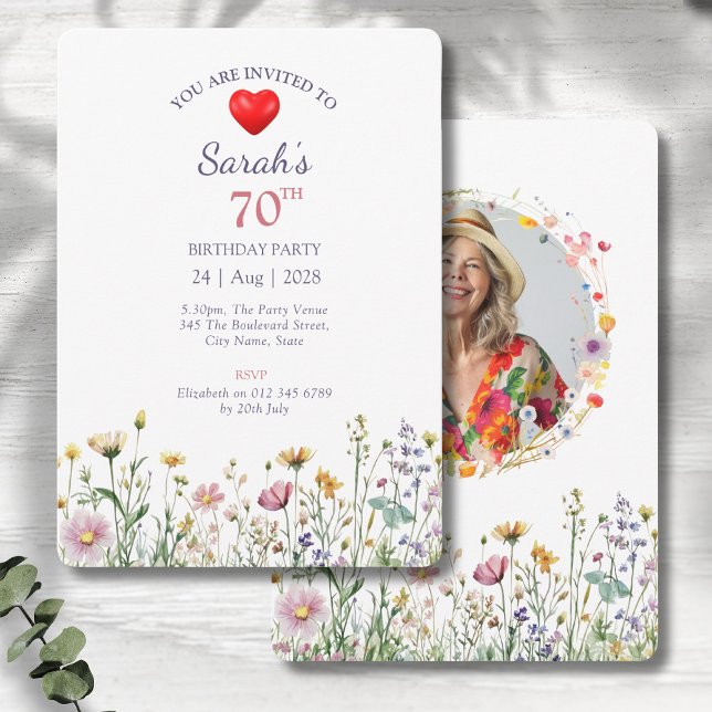 Convite 70 Birthday Garden Floral Wild Meadow Photo (70th birthday party invitations with a wild garden meadow floral design on a grey wood background)