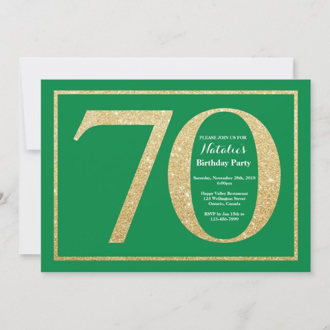 Convite 70 Birthday Green e Dourado brilho (Frente)
