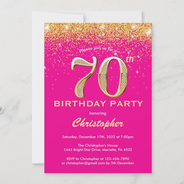 Convite 70 Birthday Hot Pink e Dourado Glitter Confetti (Frente)