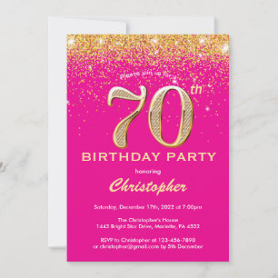 Convite 70 Birthday Hot Pink e Dourado Glitter Confetti