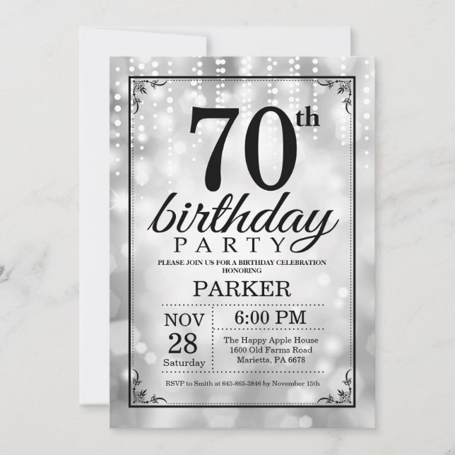 Convite 70 Birthday Invitation Silver Glitter (Frente)