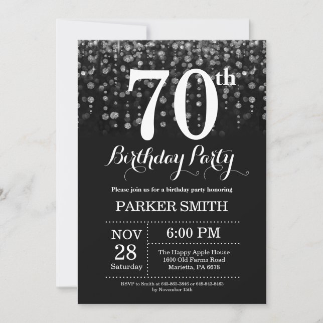 Convite 70 Birthday Invitation Silver Glitter (Frente)