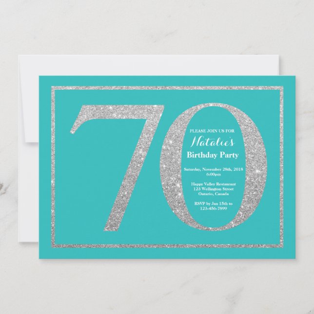 Convite 70 Birthday Invitation Teal and Silver Glitter (Frente)