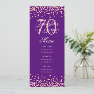 Convite 70 Birthday Menu Rosa de Confetti Dourado Roxo