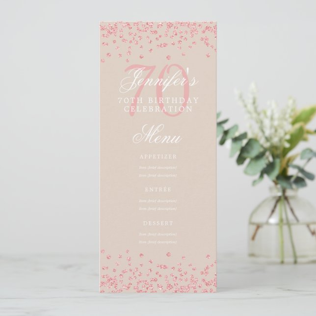 Convite 70 Birthday Menu Rosa do Dourado Champanhe Confett (Em pé/Frente)