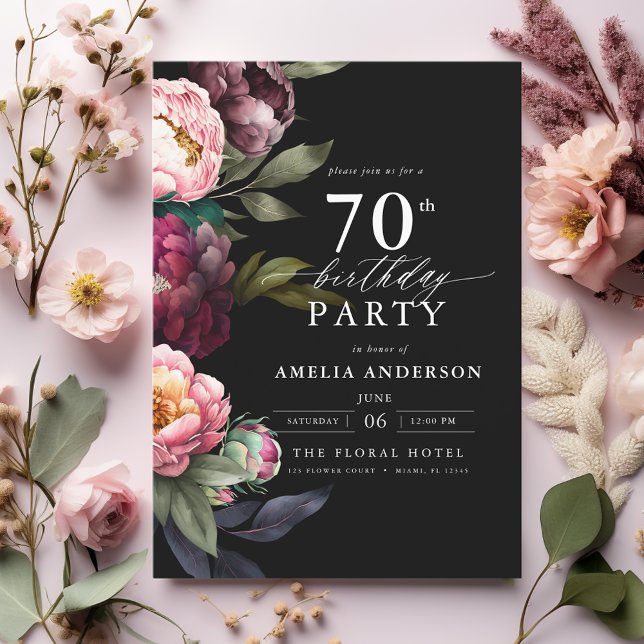 Convite 70 Birthday Modern Moody Burgundy Blush Floral (Criador carregado)