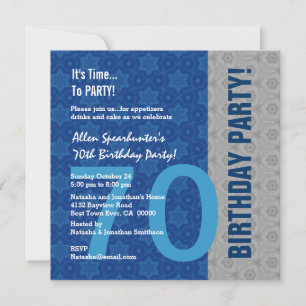 Convite 70 Birthday Modern Silver e Blue Funny D848A
