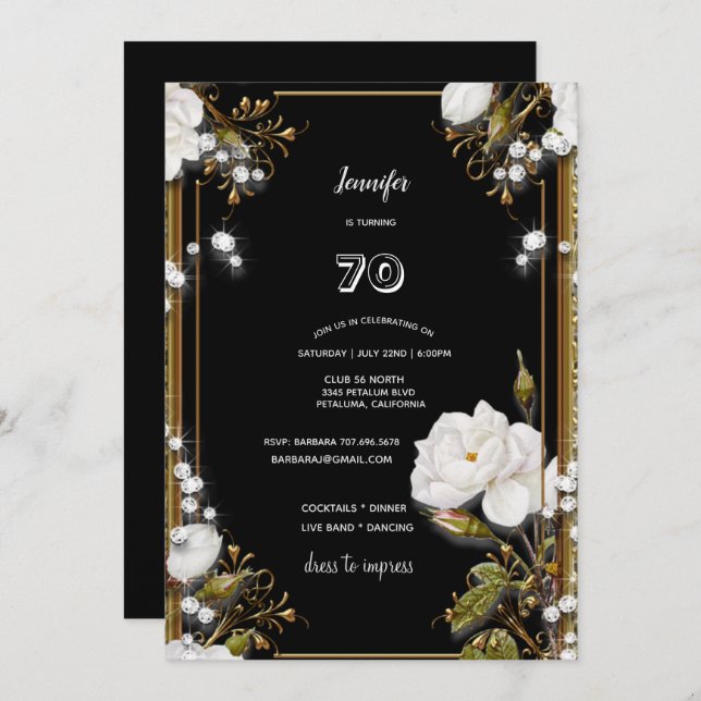 Convite 70 Birthday/Partido Dourado Ornamentado Frame Whit (Frente/Verso)