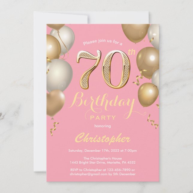 Convite 70 Birthday Pink e Dourado Balões Confetti (Frente)