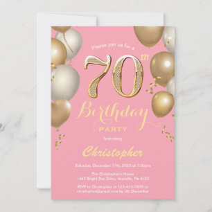 Convite 70 Birthday Pink e Dourado Balões Confetti
