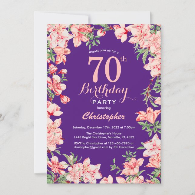 Convite 70 Birthday Pink Floral Flores Roxos Violeta (Frente)