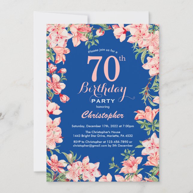 Convite 70 Birthday Pink Floral Flowers Blue (Frente)