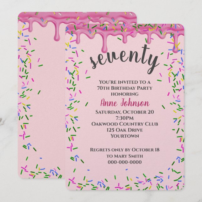 Convite 70 Birthday Pink Iching E Sprinkles (Frente/Verso)