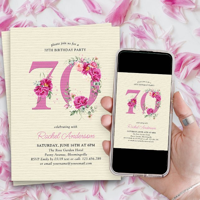 Convite 70 Birthday Pink Peony Floral Número 70 (70th Birthday Invitation with pink floral number 70 - elegant vintage design with roses and peonies)