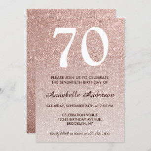 Convite 70 Birthday Pink Rose Dourada Glitter Sparkle Ombr