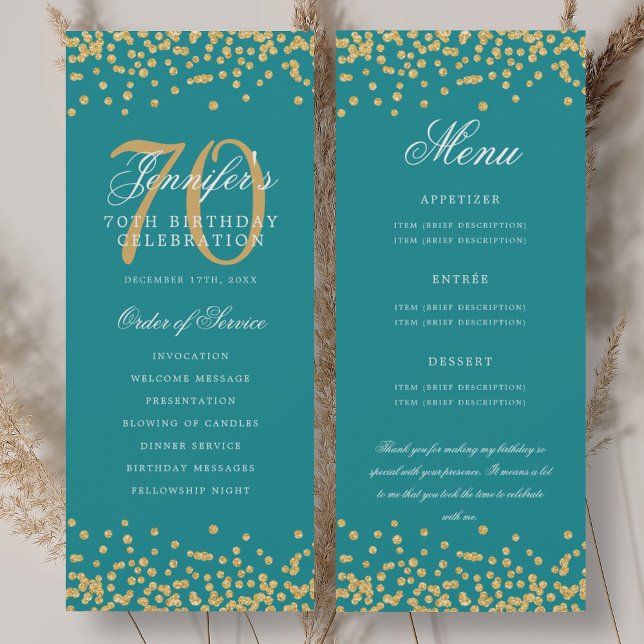 Convite 70 Birthday Program Menu Obrigado Teal Dourado (70th Birthday Program Menu Thank You Gold Teal)