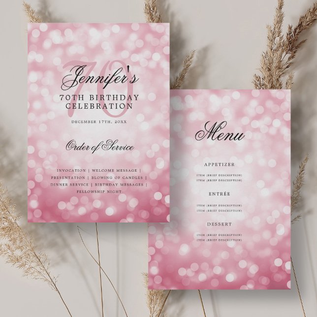 Convite 70 Birthday Programa Blush Pink Bokee Menu (70th Birthday Program Blush Pink Bokeh Menu)