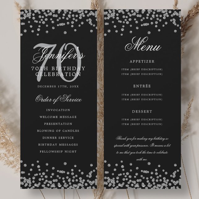 Convite 70 Birthday Programa Menu Obrigado U Silver Black (70th Birthday Program Menu Thank U Silver Black)