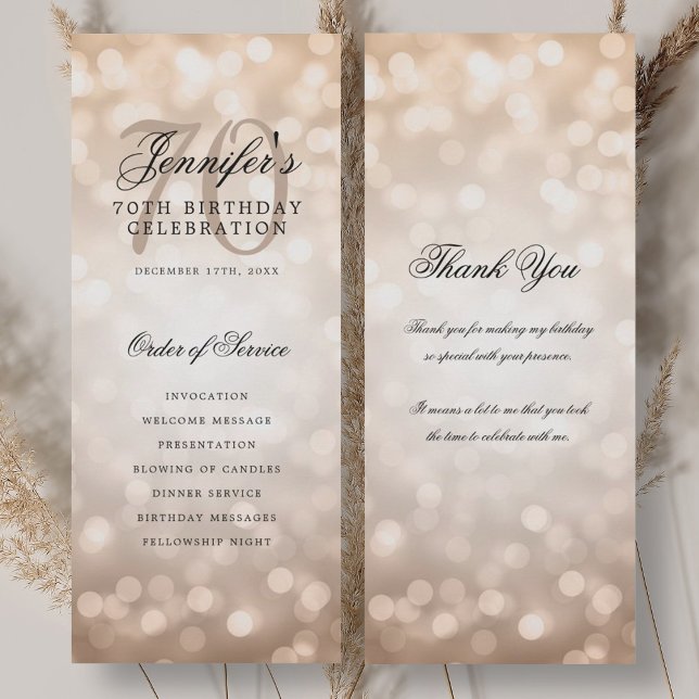 Convite 70 Birthday Programa Rosa do Dourado Bokeh com agr (70th Birthday Program Rose Gold Bokeh w/ Thank You)