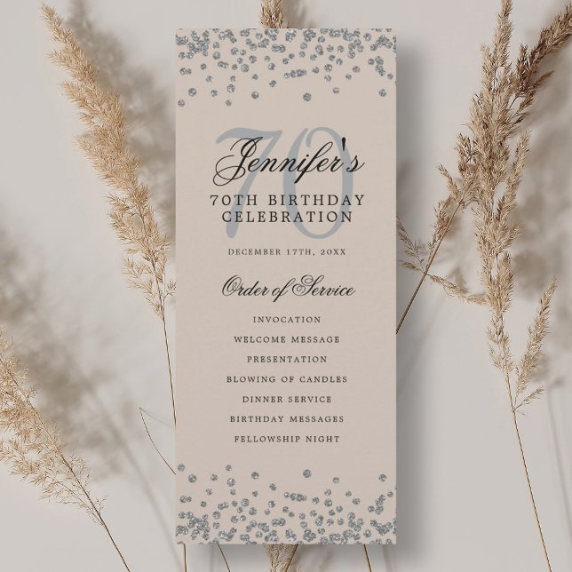 Convite 70 Birthday Programa Silver Confetti Champagne (70th Birthday Program Silver Confetti Champagne )