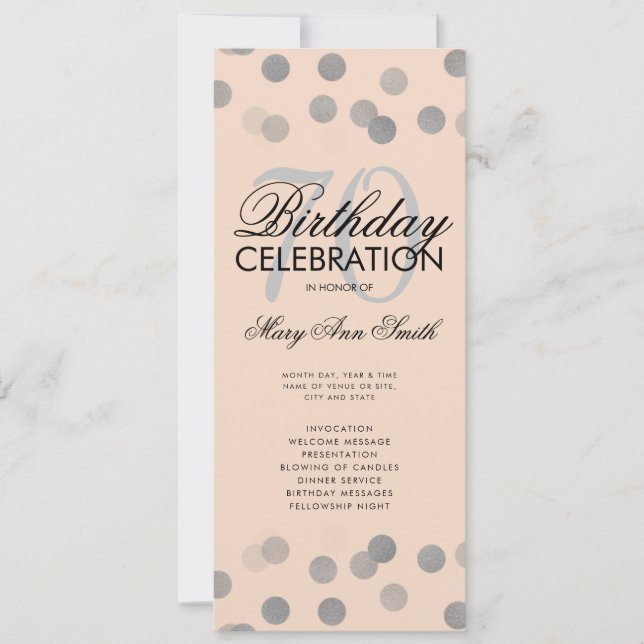 Convite 70 Birthday Programa Silver Confetti Menu Blush (Frente)