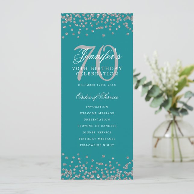 Convite 70 Birthday Programa Silver Confetti Teal (Em pé/Frente)