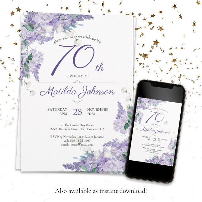 Convite 70 Birthday Purple Floral Wisteria Botânica Inv (70th Birthday Purple Floral Wisteria Botanical Invitation)