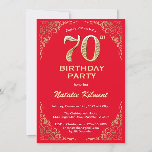 Convite 70 Birthday Red and Dourado Glitter Frame (Frente)