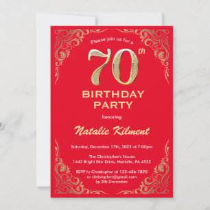 Convite 70 Birthday Red and Dourado Glitter Frame
