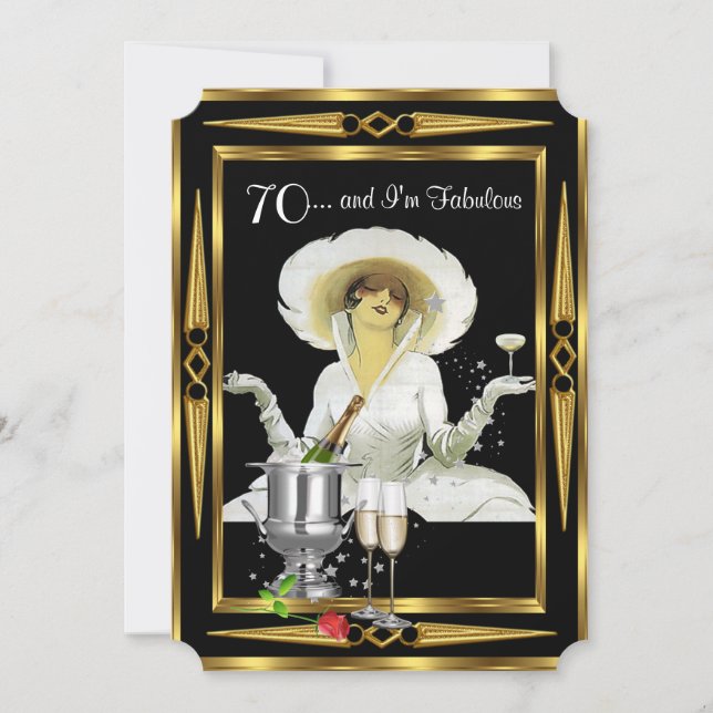 Convite 70 Birthday Retro Diva Art Deco Black Dourado (Frente)