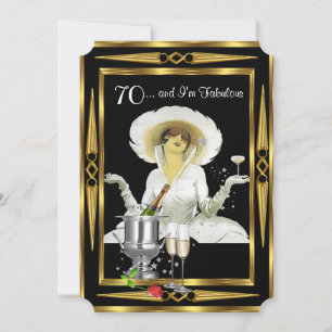 Convite 70 Birthday Retro Diva Art Deco Black Dourado