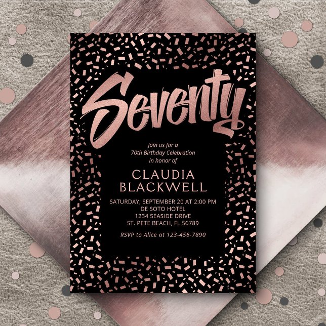 Convite 70 Birthday Rosa Dourada Confetti (Criador carregado)