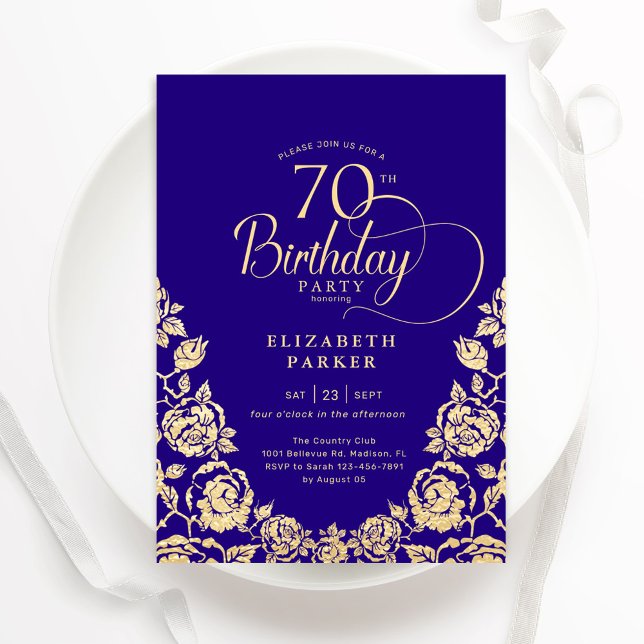 Convite 70 Birthday - Rosas Dourados Roxos (Criador carregado)