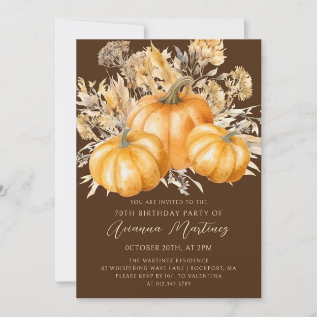 Convite 70 Birthday Rustic Boho Pumpkin Fall Foliage (Frente)