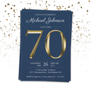 Convite 70 Birthday Solid Dourado Texto Marinho Azul Cláss
