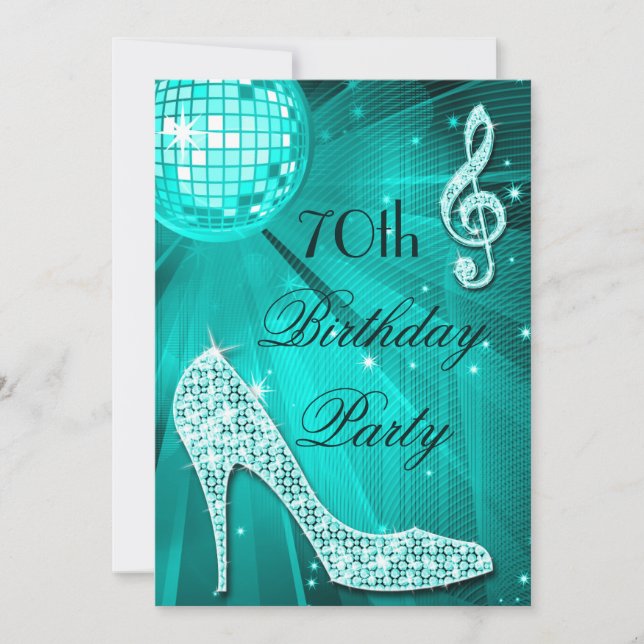 Convite 70 Birthday Sparkle Heels e Teal Disco Ball (Frente)