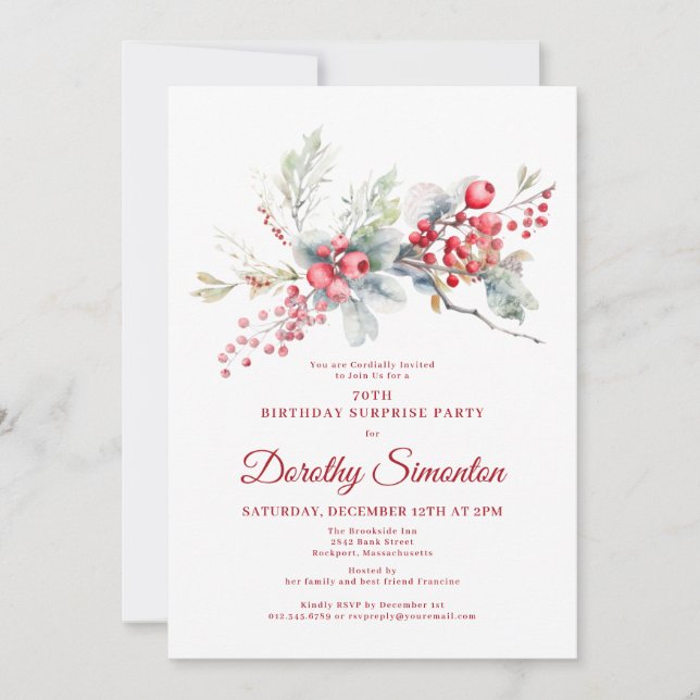 Convite 70 Birthday Surprise Party Greenery Red Berry (Frente)