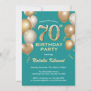 Convite 70 Birthday Teal e Dourados Balões de Louro