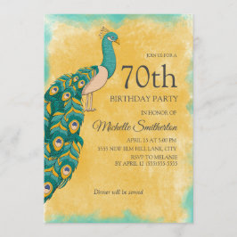Convite 70 Birthday Teal Yellow Watercolor Peacock