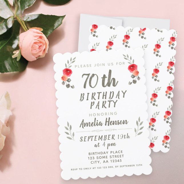 Convite 70 Birthday Watercolor Rosa Twig Partido Floral (Criador carregado)
