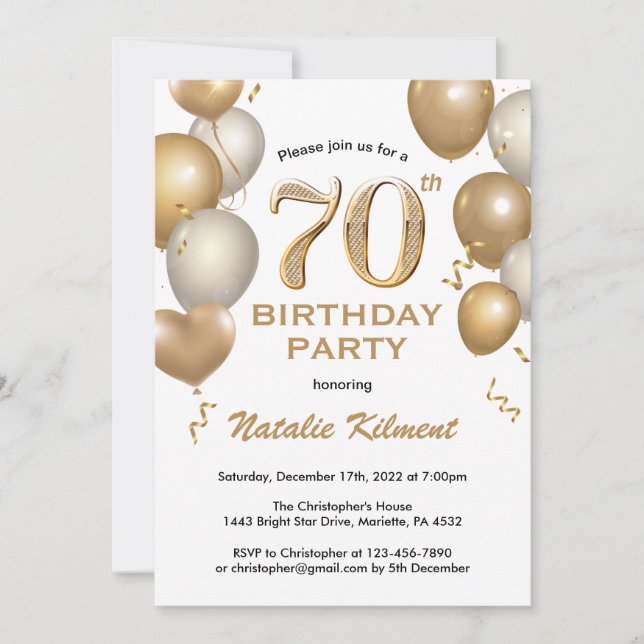 Convite 70 Birthday White e Dourado Balões de Leve (Frente)