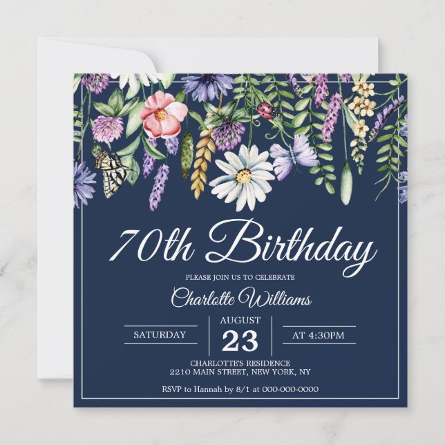 Convite 70 Birthday Wildflower Elegante Marinho Azul Flora (Frente)