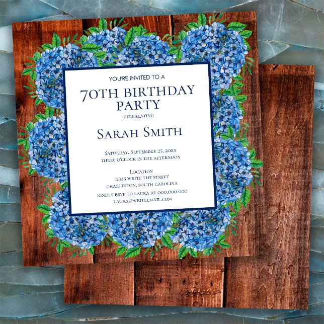 Convite 70 Birthday Wood Blue Hydrangeas Partido Russo (Criador carregado)