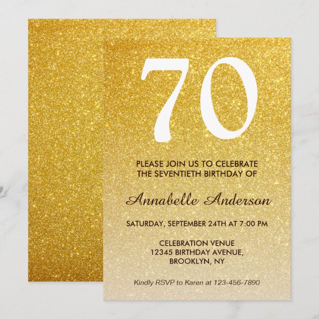 Convite 70 Birthday Yellow Dourado Glitter Sparkle Ombre (Frente/Verso)