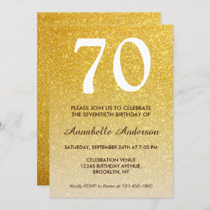 Convite 70 Birthday Yellow Dourado Glitter Sparkle Ombre