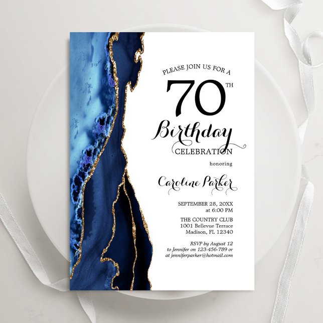 Convite 70 Branco Dourado de Agate Azul marinho Aniversári (Criador carregado)