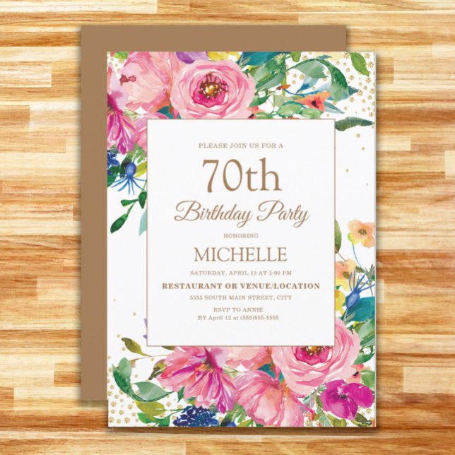 Convite 70 Brilhante Dourado Amarelo Cor-de-rosa - Anivers (Pink, yellow, blue floral women's 70th birthday party invitation)